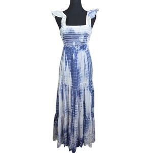 Blue Island Maxi Dress With Tie Back And Feminine Flutter Sleeves Size Small